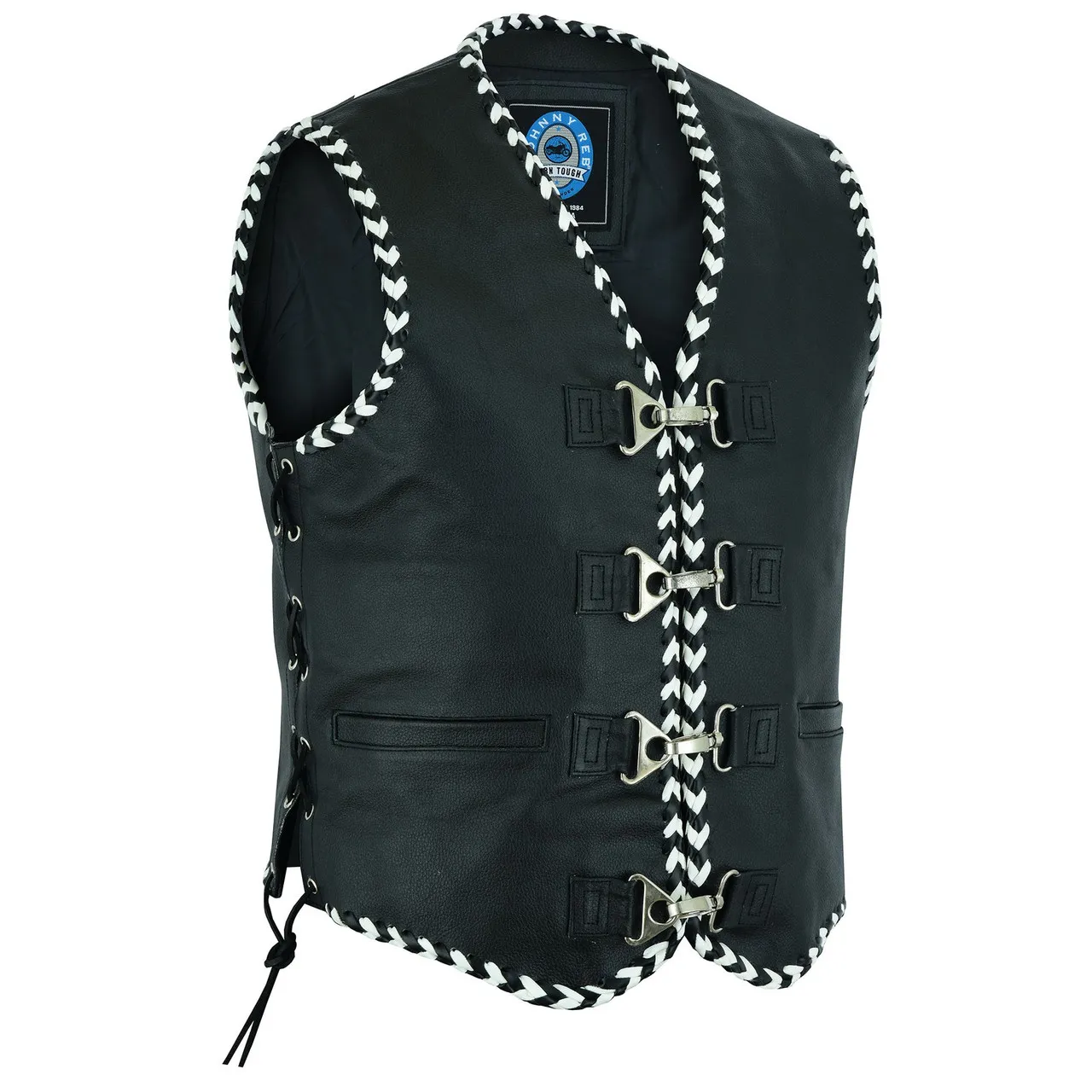 Johnny Reb Springbrook Leather Vest with Black and White Braided Leather Edging.