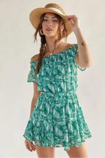 Kaylee Off The Shoulder Palm Print Romper