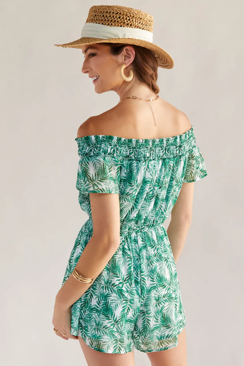 Kaylee Off The Shoulder Palm Print Romper