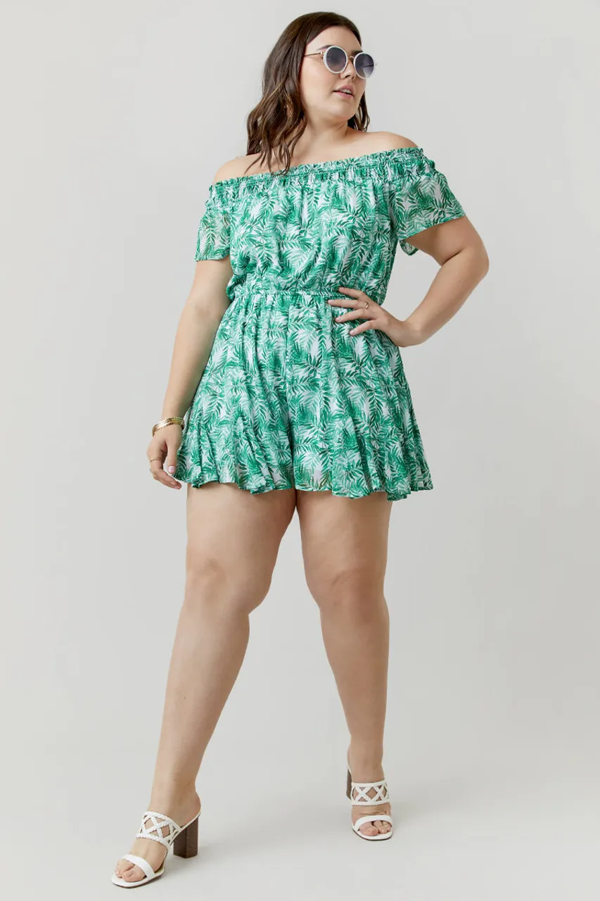 Kaylee Off The Shoulder Palm Print Romper