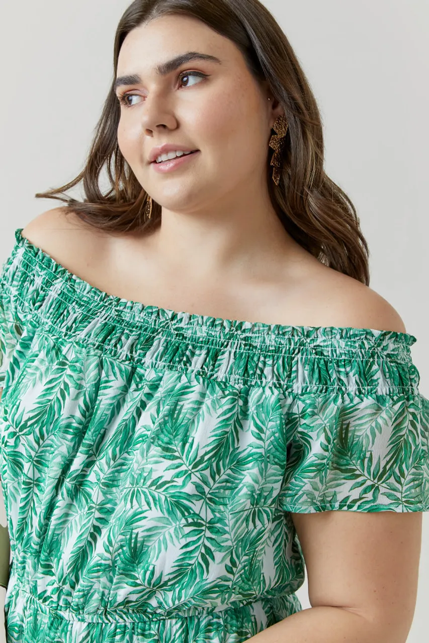 Kaylee Off The Shoulder Palm Print Romper