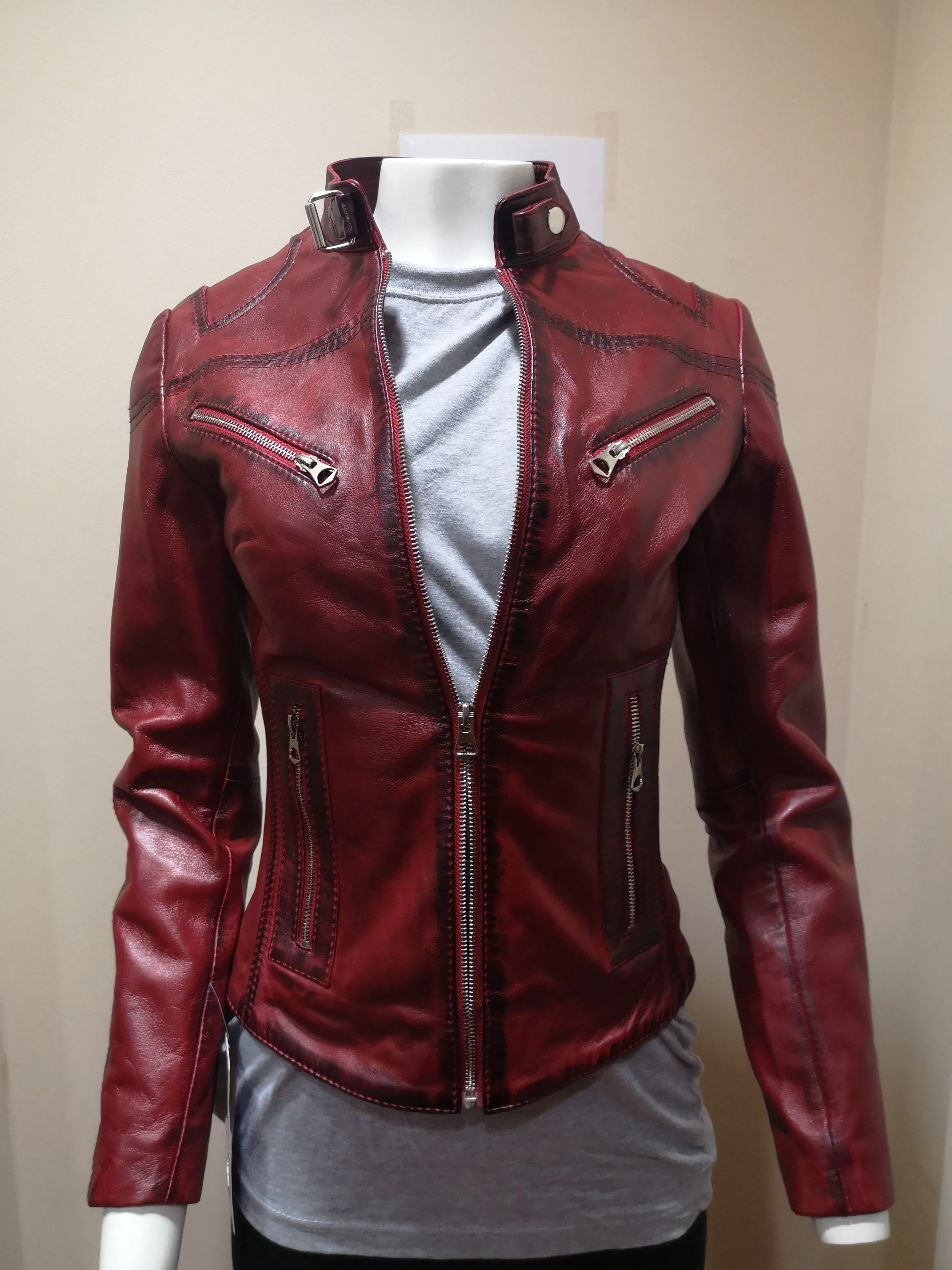 Ladies Antique Tan Slim Fit Biker Style Leather Jacket: Ella