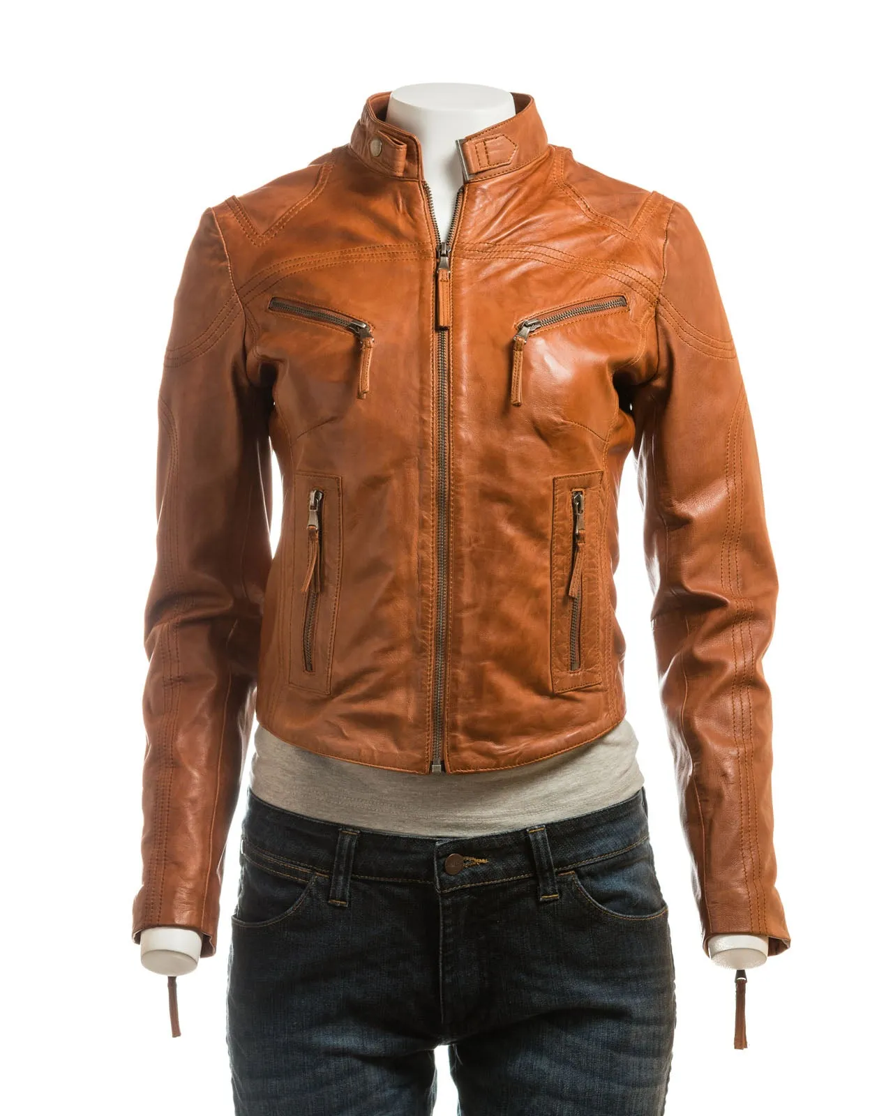 Ladies Antique Tan Slim Fit Biker Style Leather Jacket: Ella