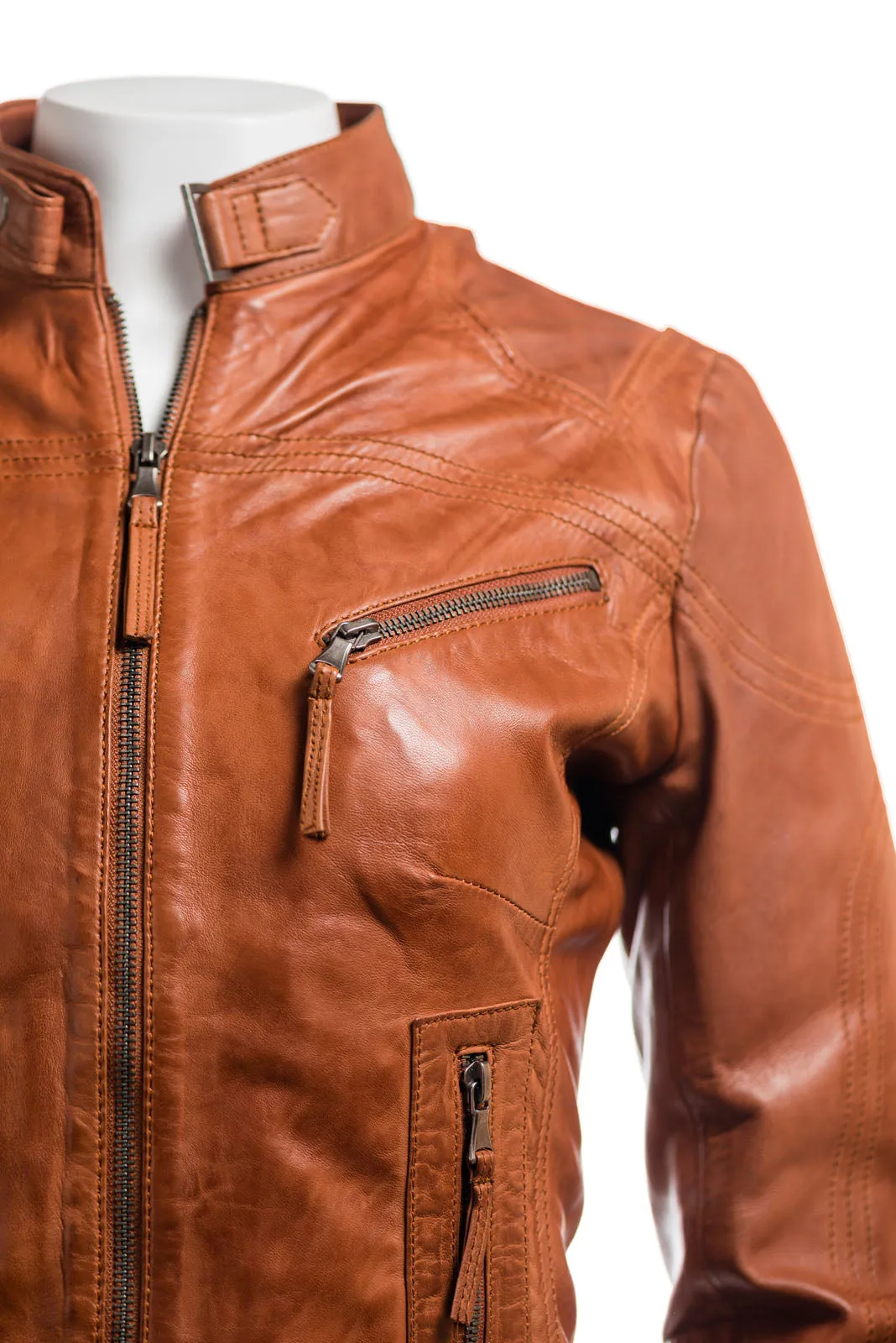 Ladies Antique Tan Slim Fit Biker Style Leather Jacket: Ella