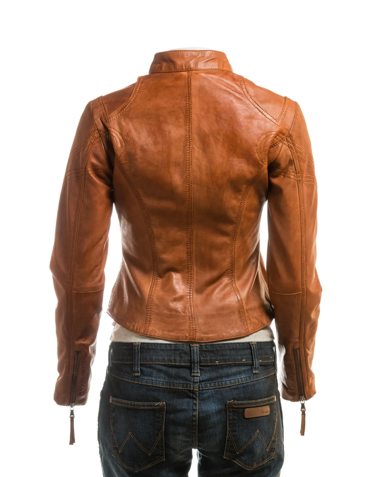 Ladies Antique Tan Slim Fit Biker Style Leather Jacket: Ella