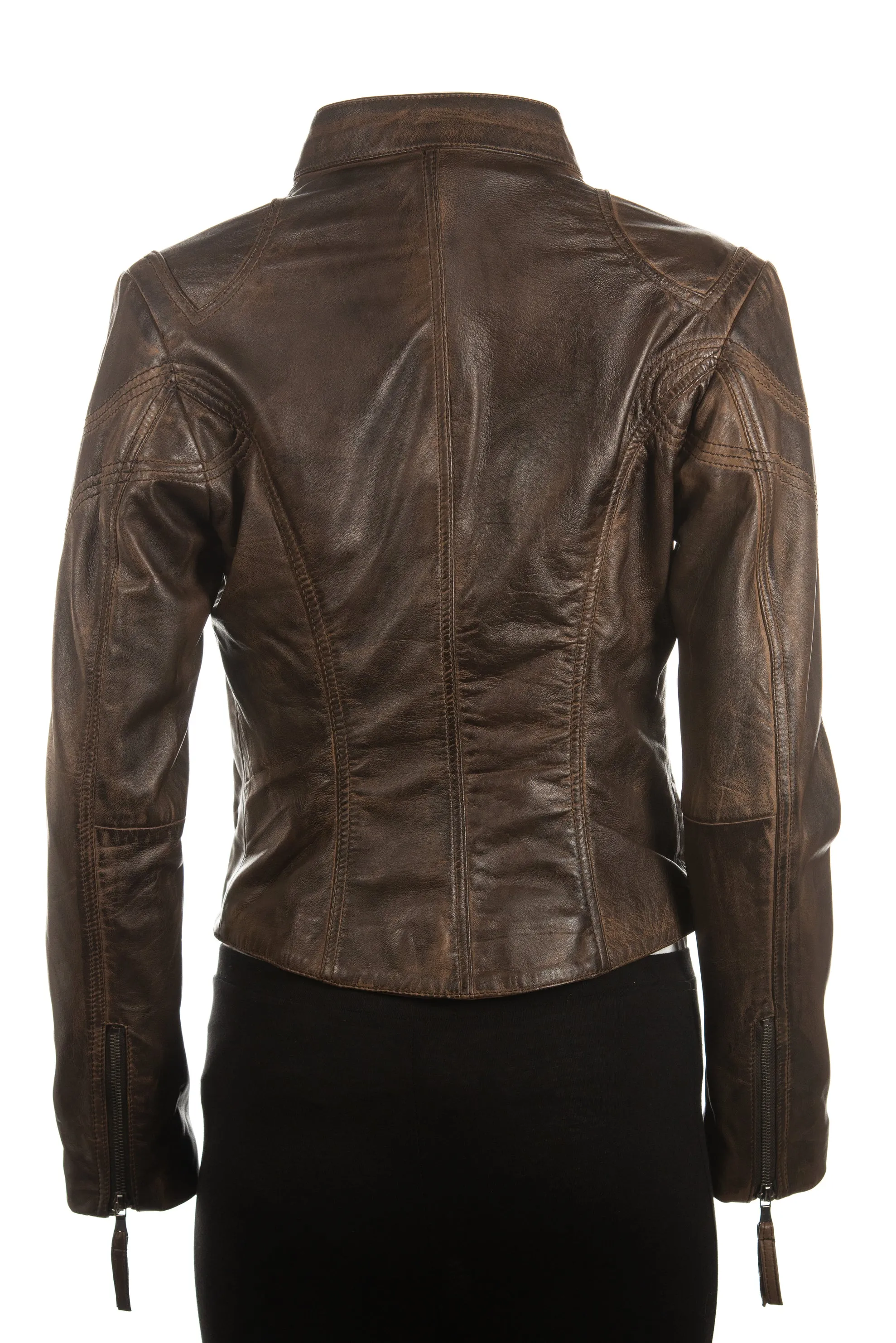 Ladies Antique Tan Slim Fit Biker Style Leather Jacket: Ella