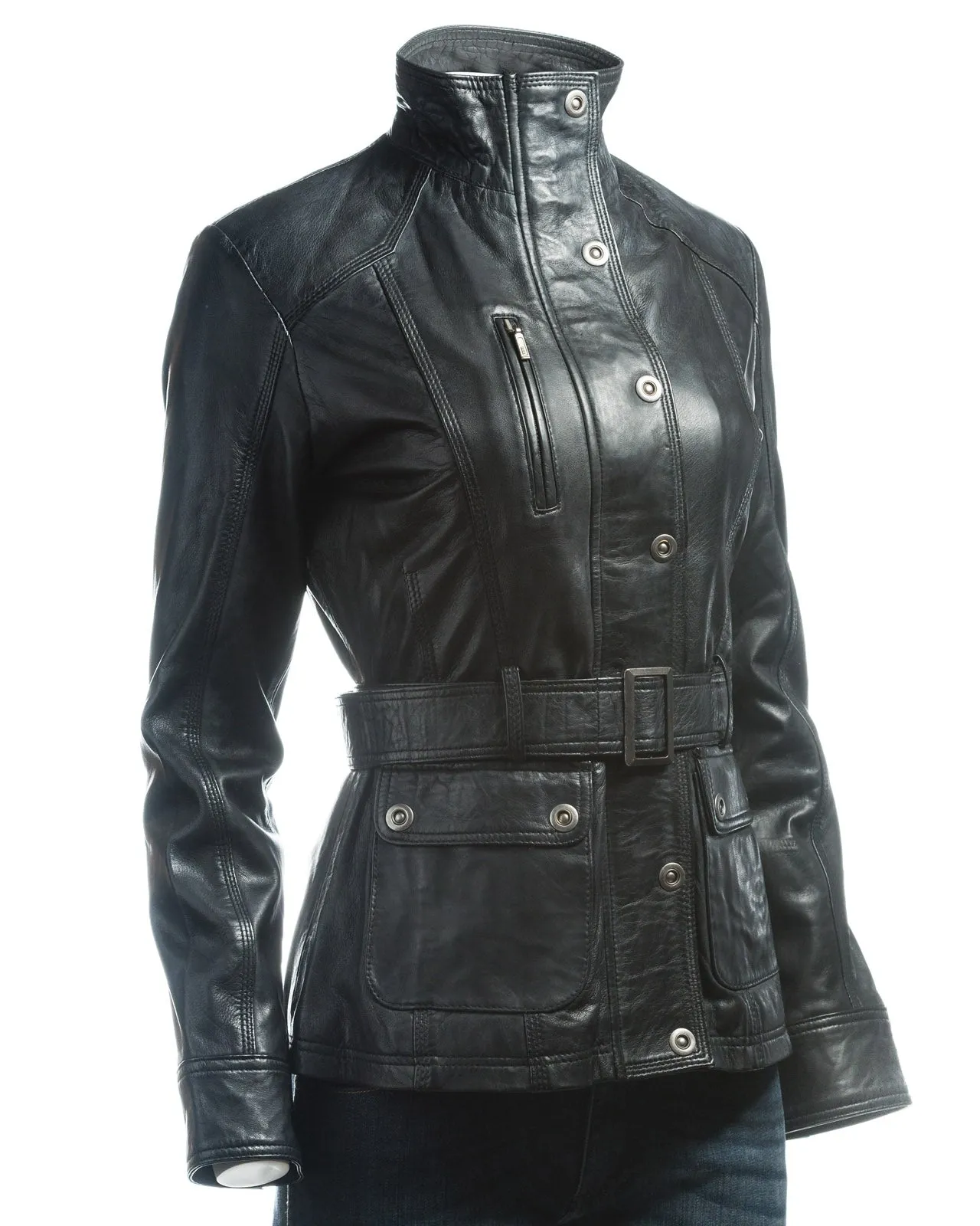 Ladies Black Belted Funnel Neck Vintage Style Leather Jacket: Daria