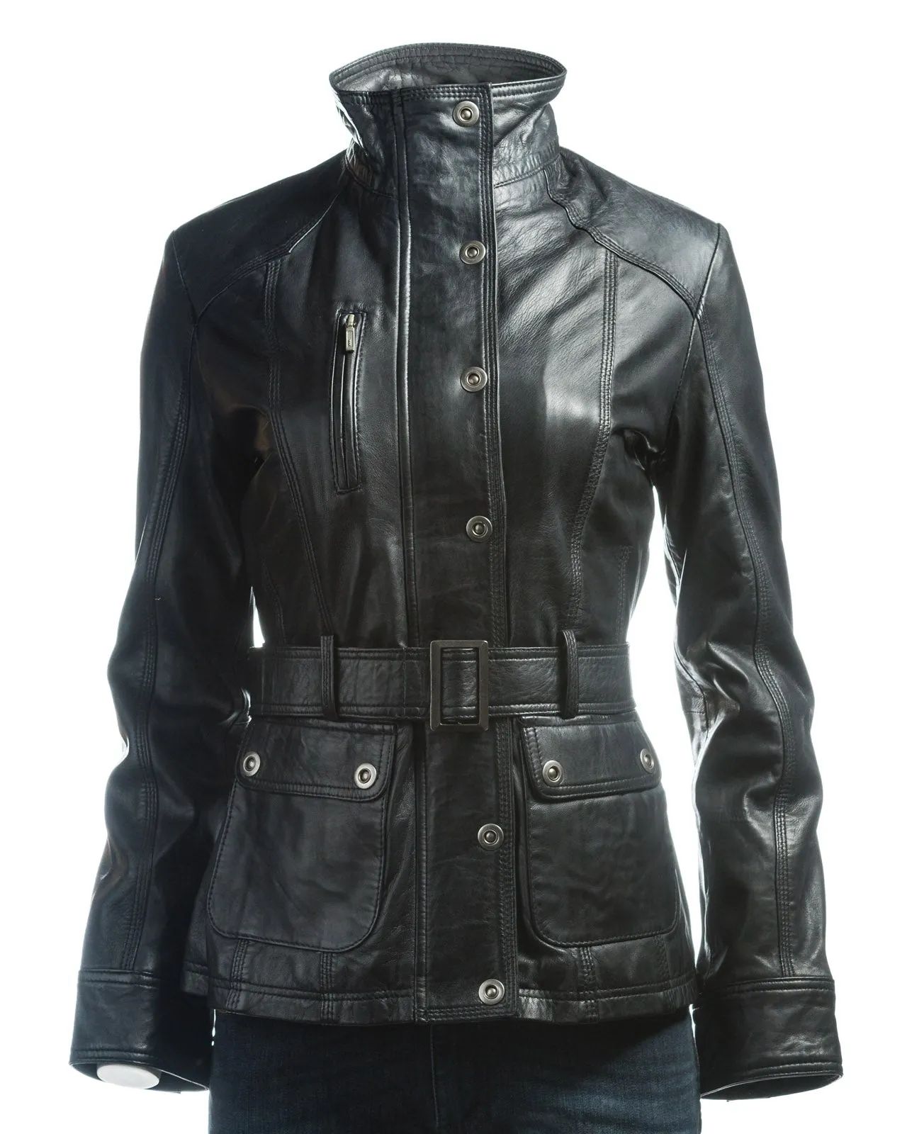 Ladies Black Belted Funnel Neck Vintage Style Leather Jacket: Daria