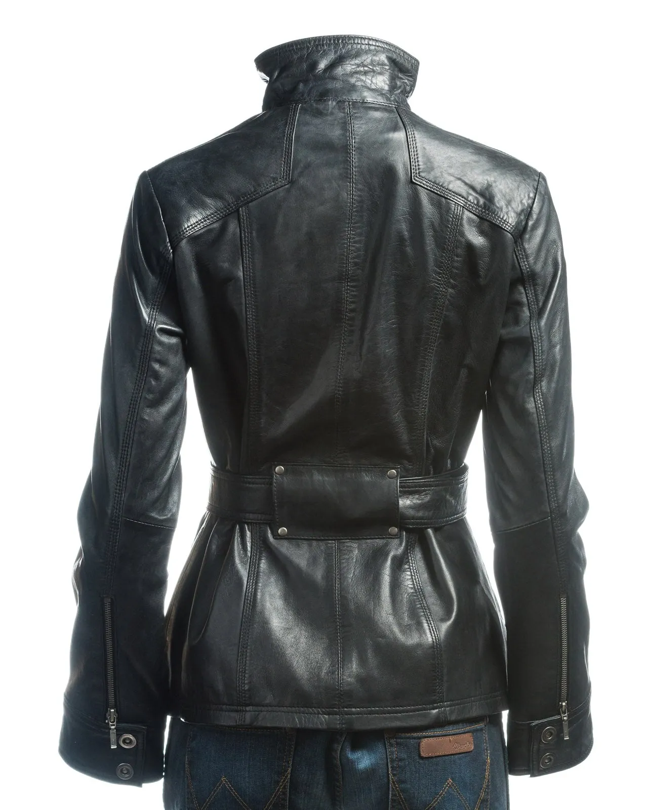 Ladies Black Belted Funnel Neck Vintage Style Leather Jacket: Daria