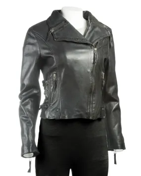 Ladies Black Corset Detail Slim Fit Biker Style Leather Jacket: Francesca