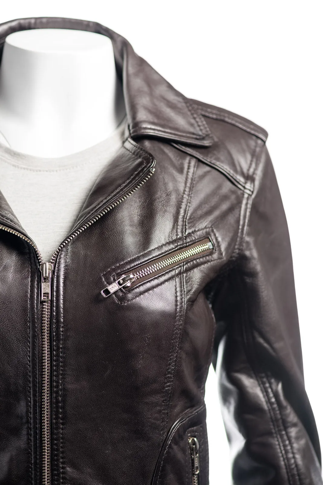 Ladies Black Symmetric Biker Style Leather Jacket: Camilla