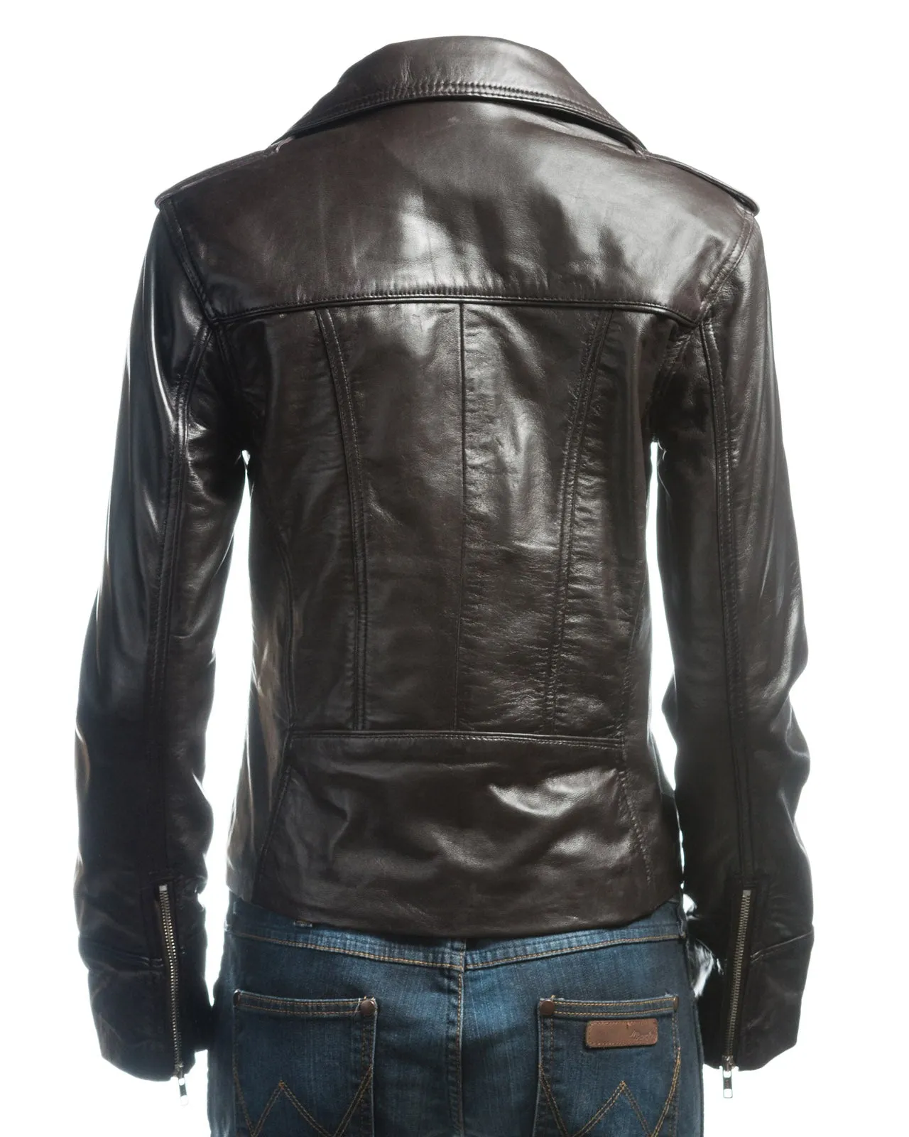 Ladies Black Symmetric Biker Style Leather Jacket: Camilla