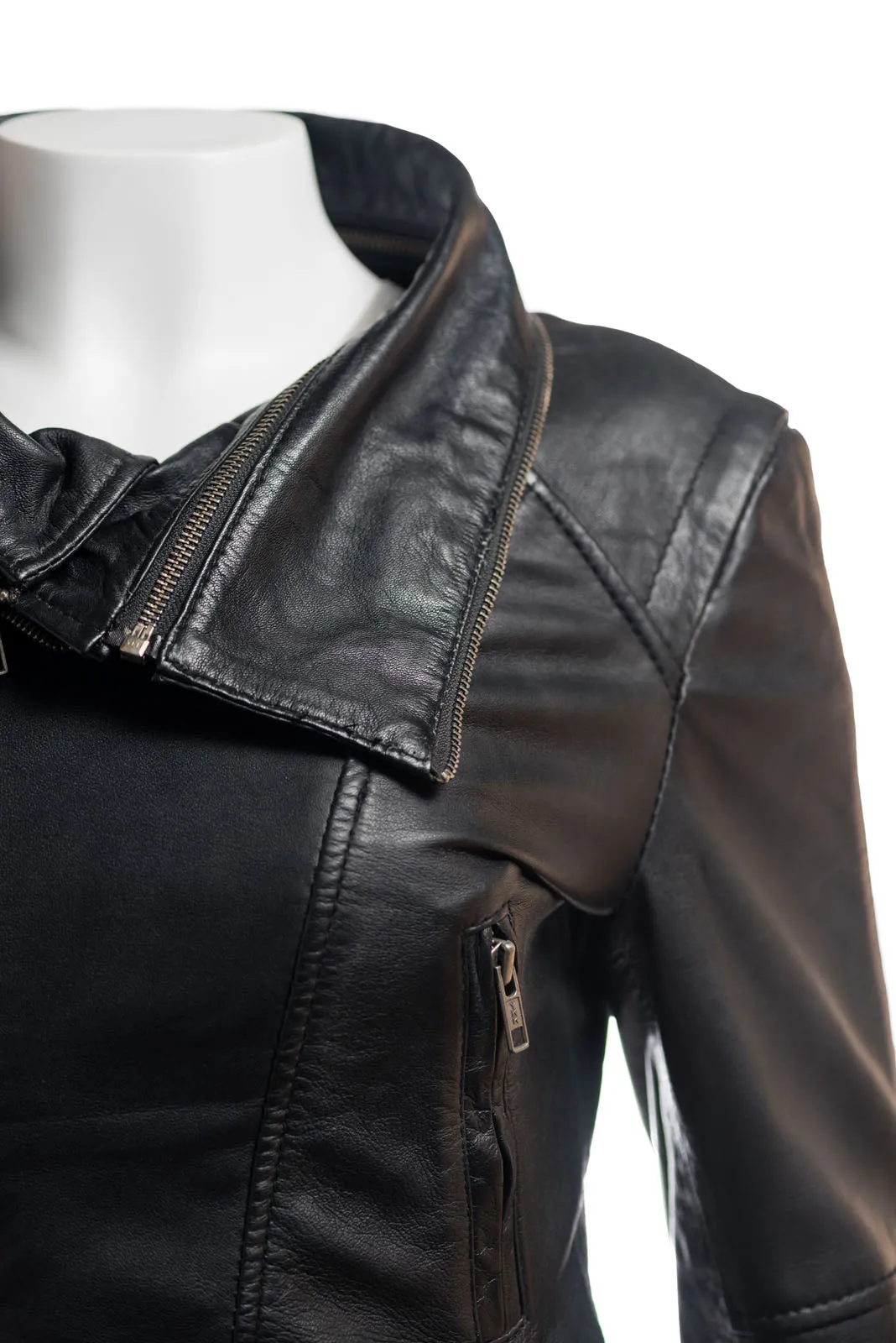 Ladies Dual Collar Biker Style Leather Jacket: Clarissa