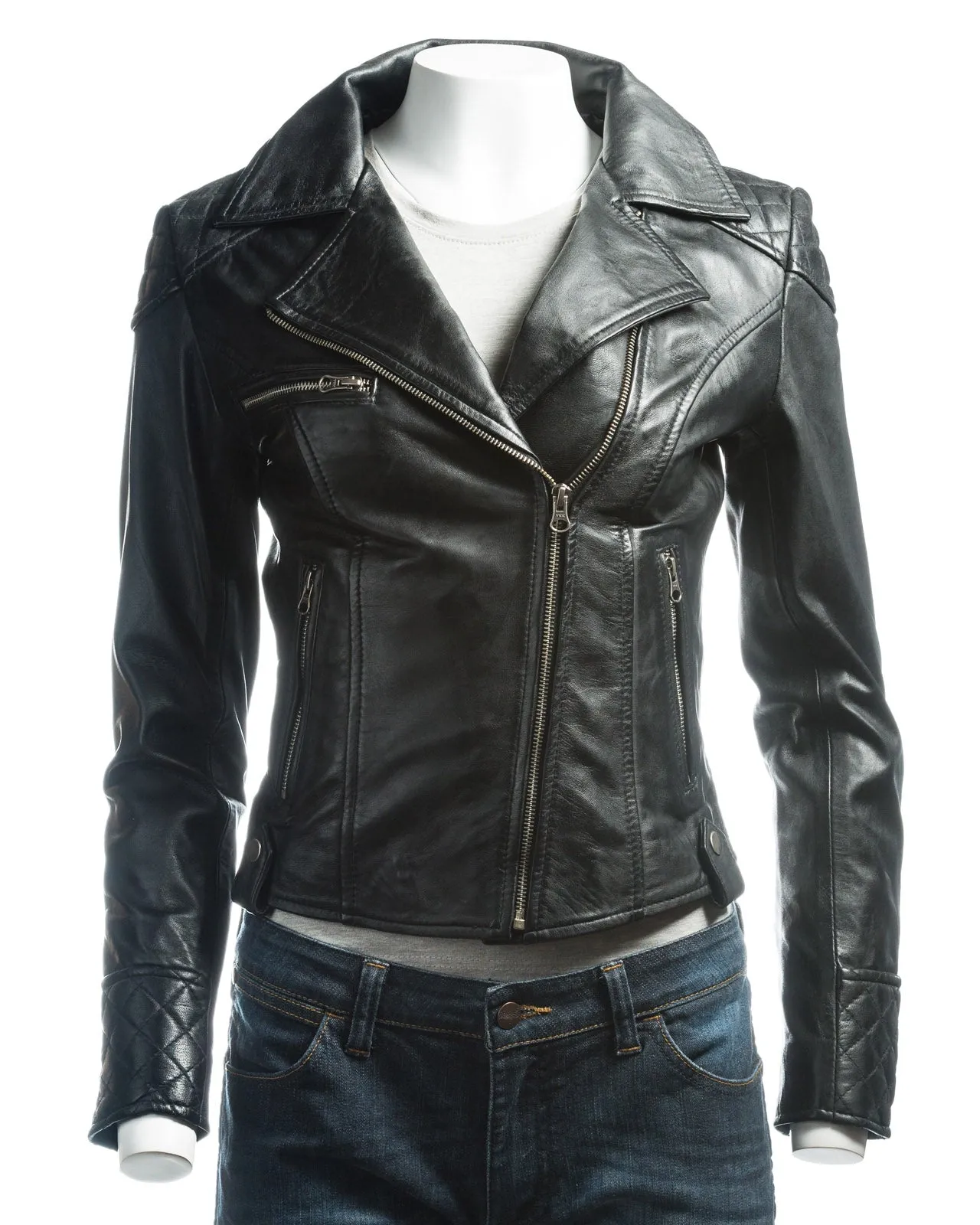 Ladies Fitted Biker Style Leather Jacket With Shoulder Detail: Priscilla