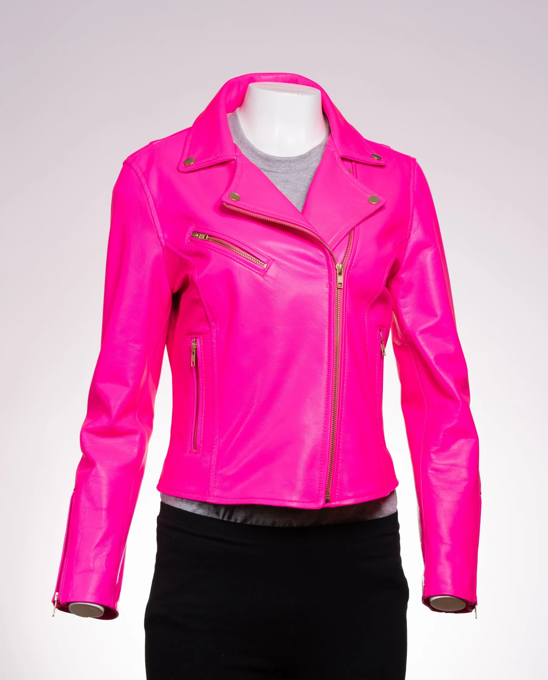 Ladies Fluorescent Pink Leather Biker Jacket - Caroline