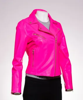 Ladies Fluorescent Pink Leather Biker Jacket - Caroline