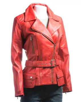 Ladies Red Belted Asymmetric Biker Style Leather Jacket: Aurora