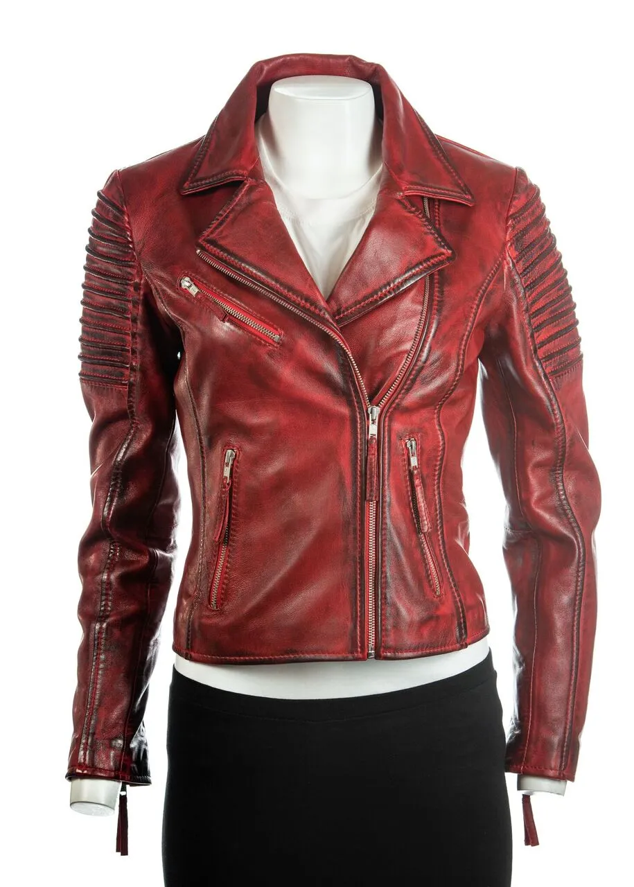 Ladies Red Cross Zip Biker Style Leather Jacket: Giulia