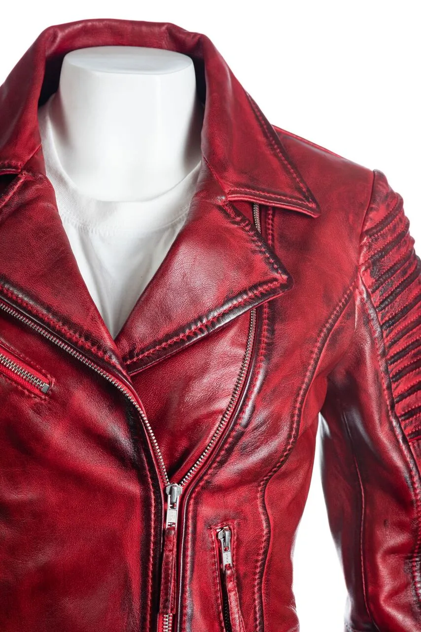 Ladies Red Cross Zip Biker Style Leather Jacket: Giulia