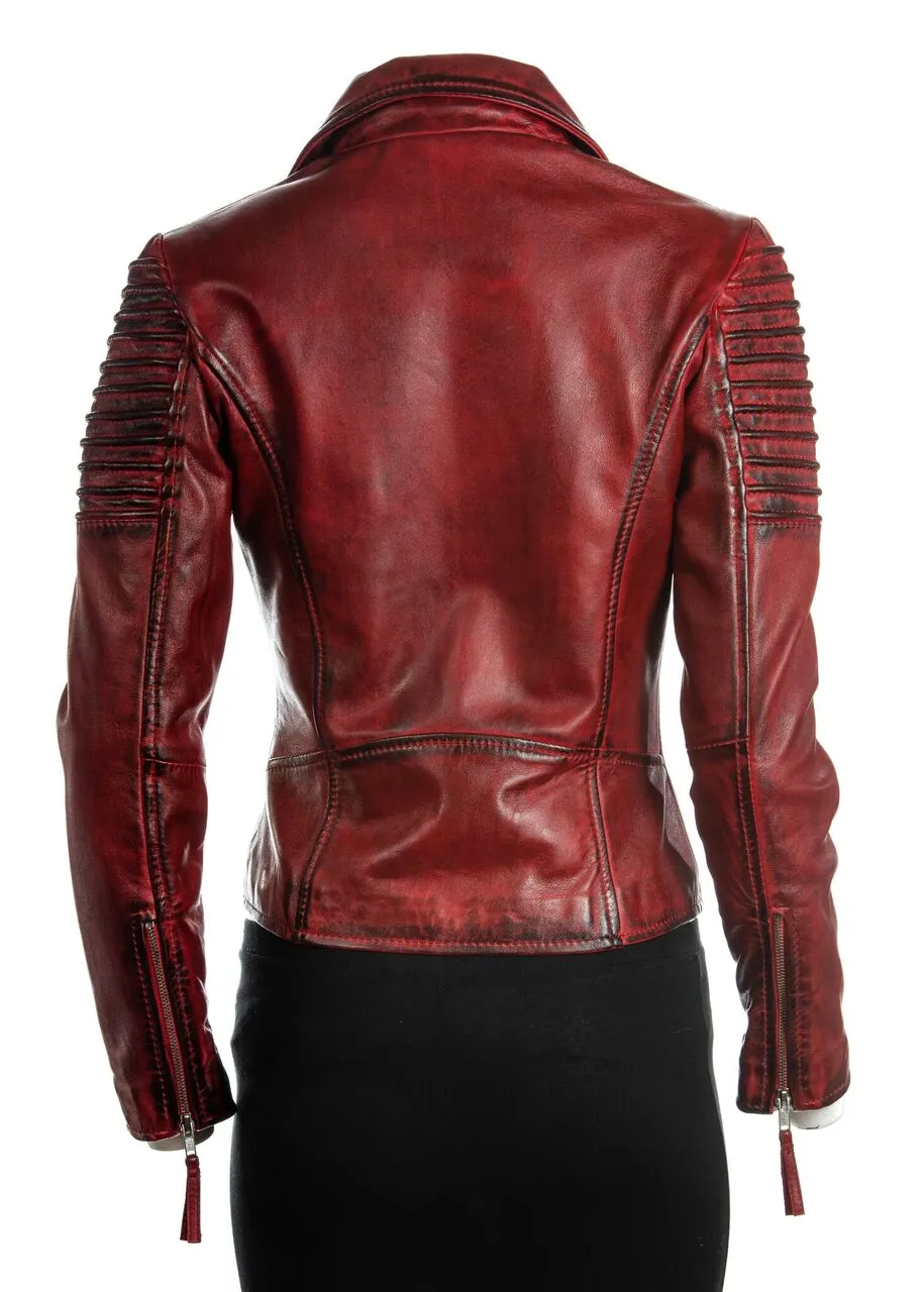 Ladies Red Cross Zip Biker Style Leather Jacket: Giulia