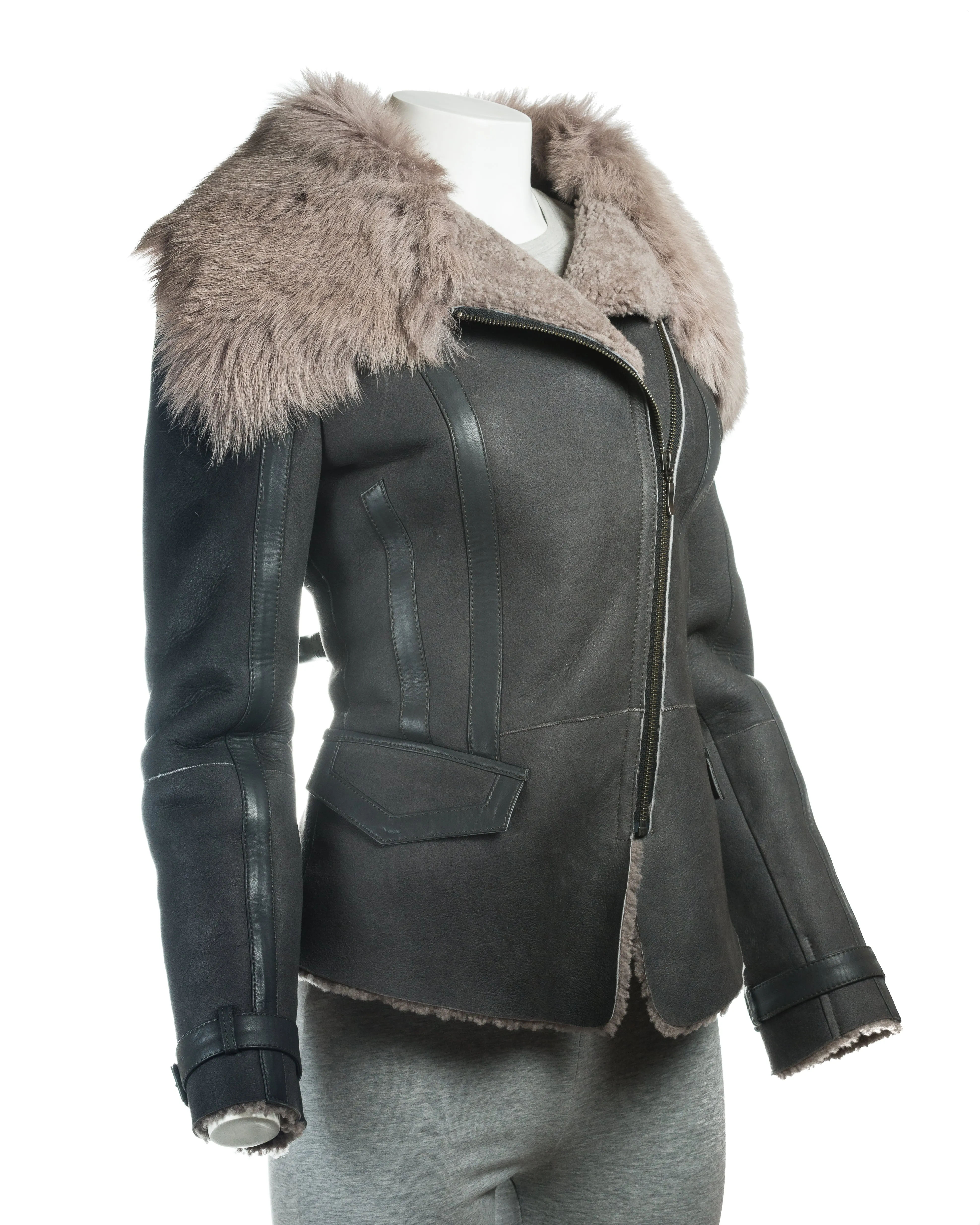 Ladies Tailored Shearling Sheepskin Biker Style Jacket: Viola