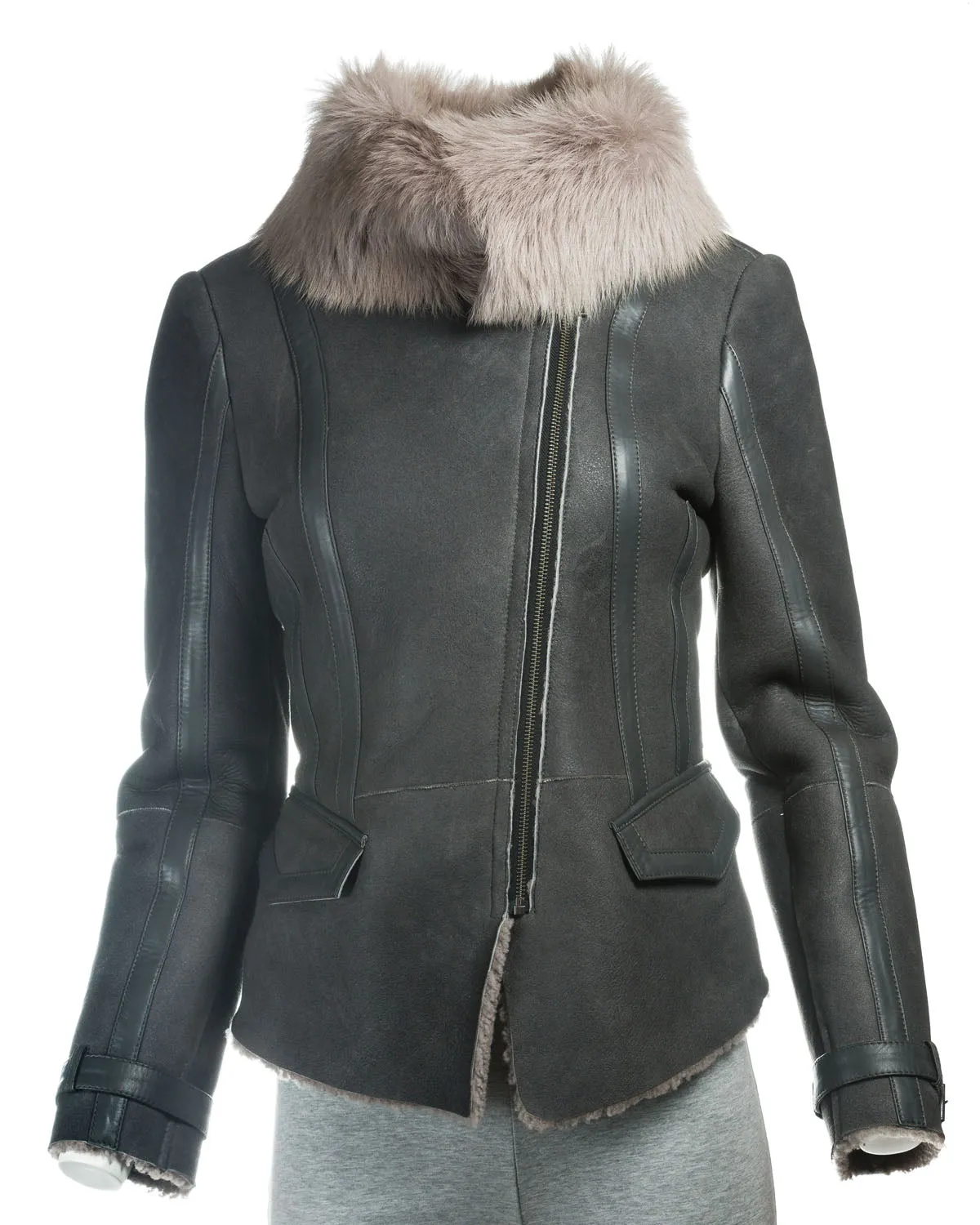 Ladies Tailored Shearling Sheepskin Biker Style Jacket: Viola