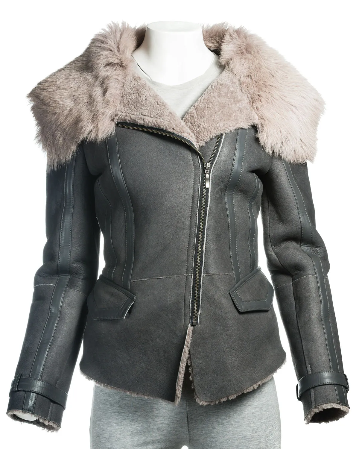 Ladies Tailored Shearling Sheepskin Biker Style Jacket: Viola