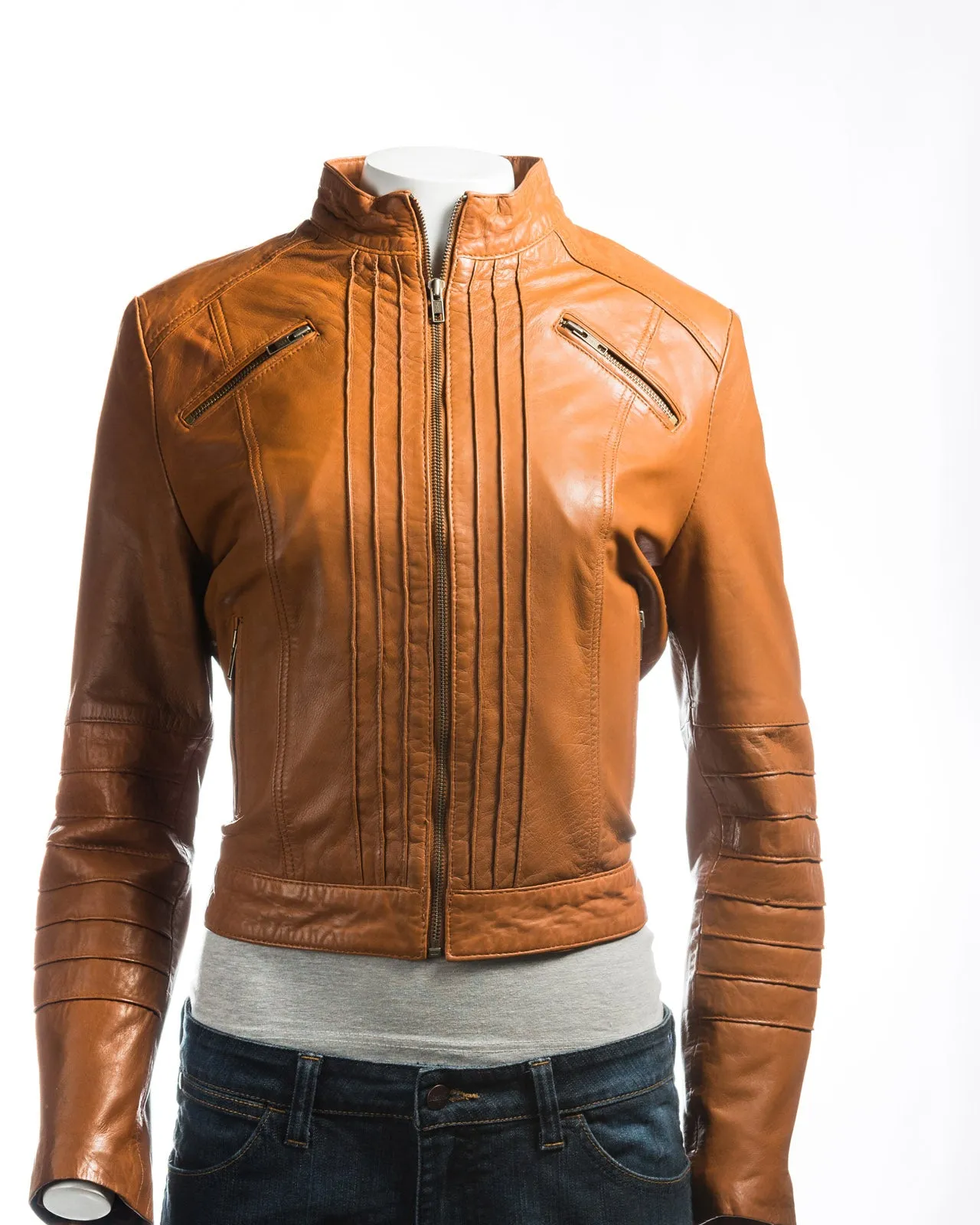 Ladies Tan Pleated Front Biker Style Leather Jacket: Gloria