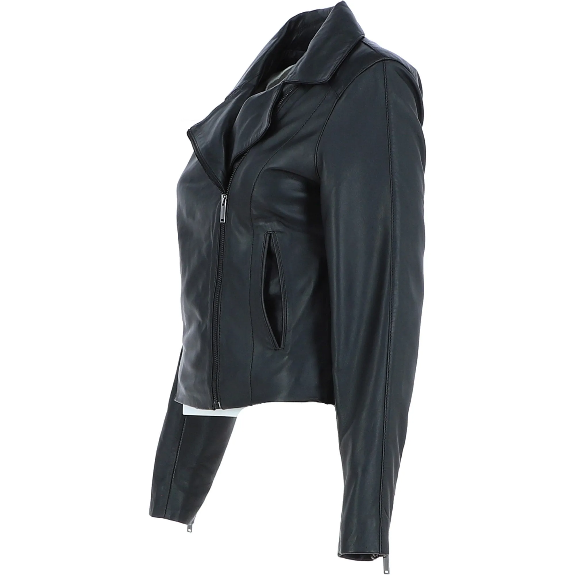 Ladies Veg Tanned Leather Plain Biker Jacket Black: AWL-79