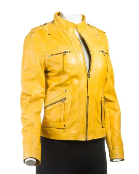 Ladies Yellow Tab Collar Biker Style Leather Jacket: Anastasia