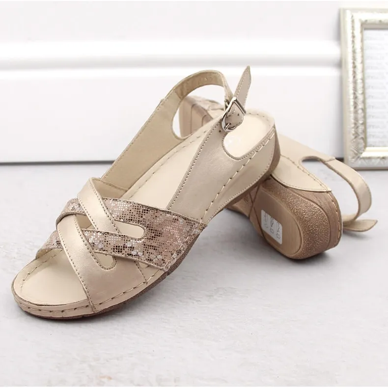 Leather comfortable women's golden sandals Helios 134.27.102