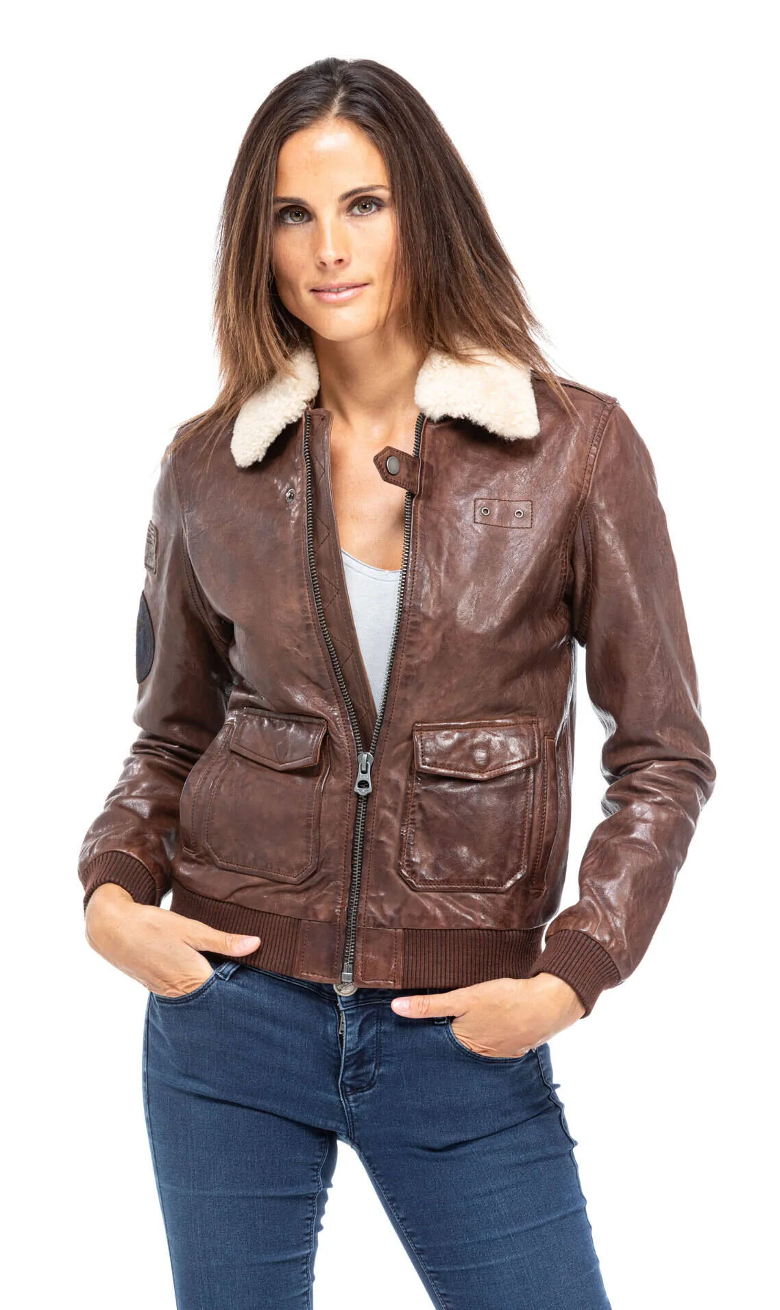 Leather jacket woman dark cognac style aviator 101313