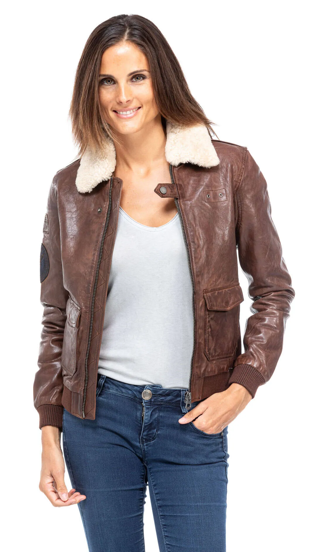 Leather jacket woman dark cognac style aviator 101313