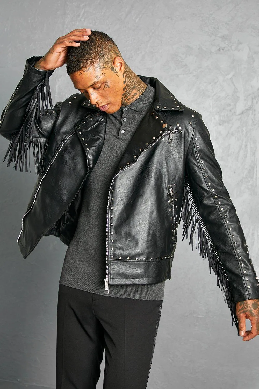 Leather Look Studded Fringe Biker Jacket | boohooMAN UK