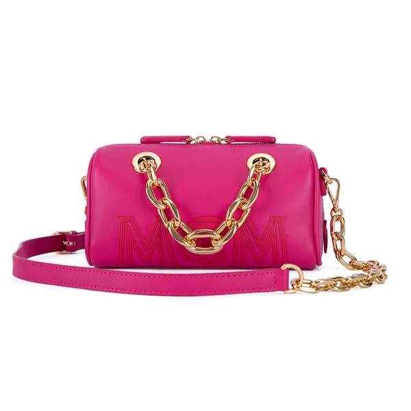 MCM Chain Leather Boston Bag Beetroot Purple Mini