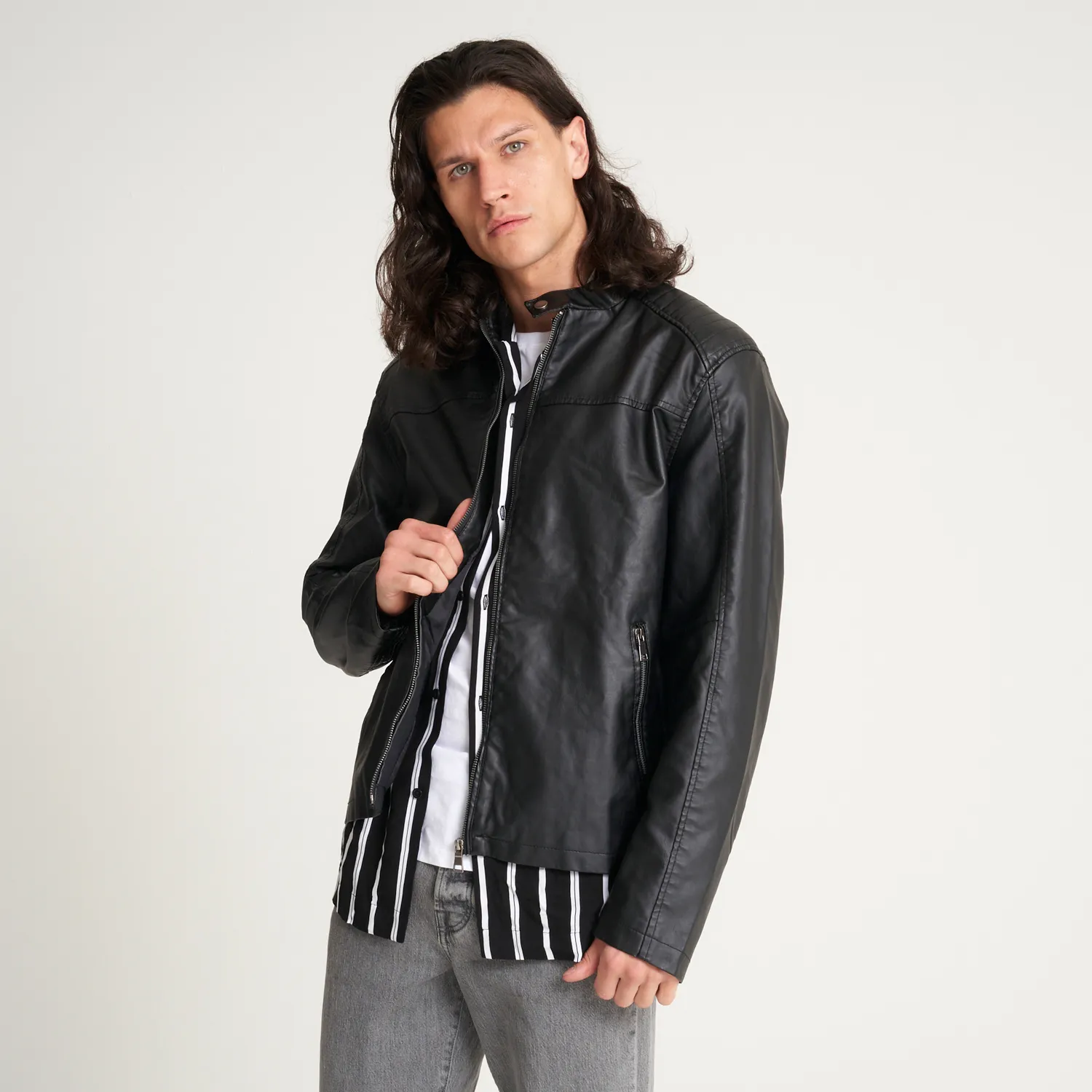 Men's Faux Leather Racer Jacket - Barneys Originals