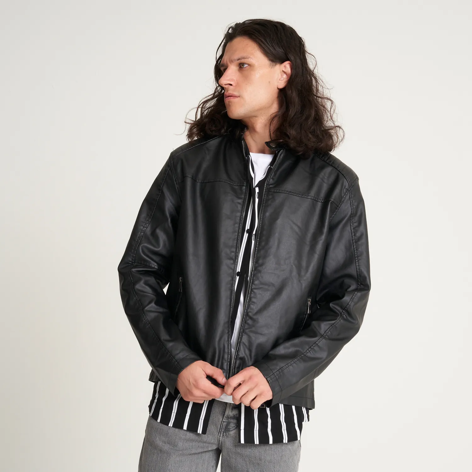 Men's Faux Leather Racer Jacket - Barneys Originals