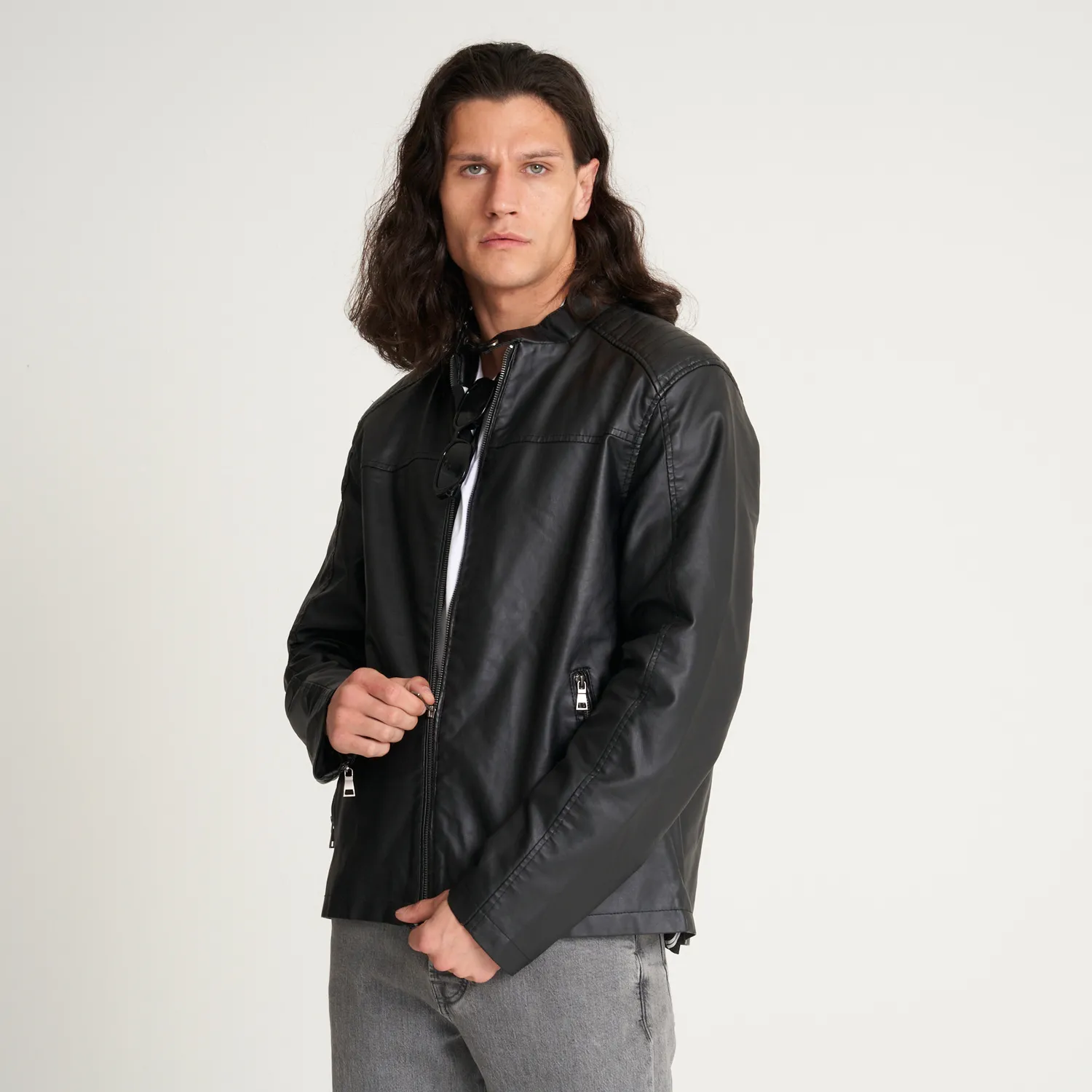 Men's Faux Leather Racer Jacket - Barneys Originals