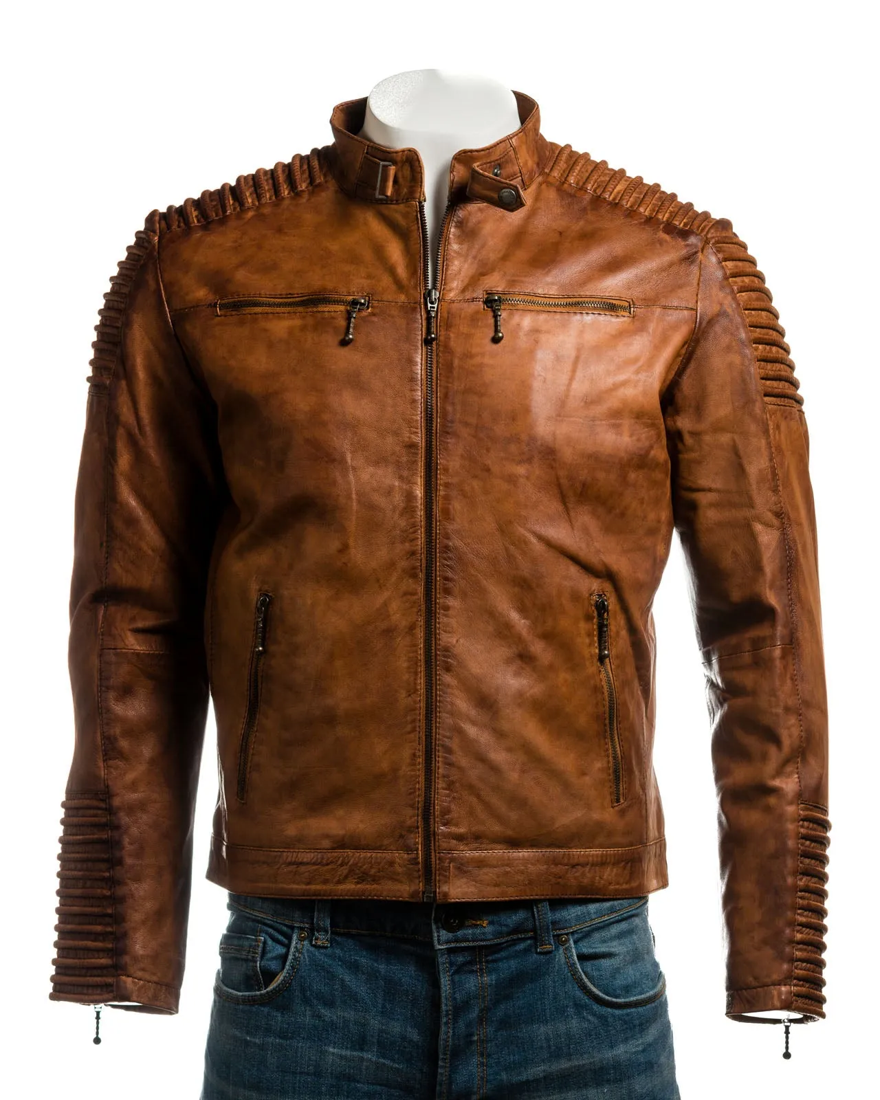 Men's Antique Racing Style Leather Biker Jacket: Alfio