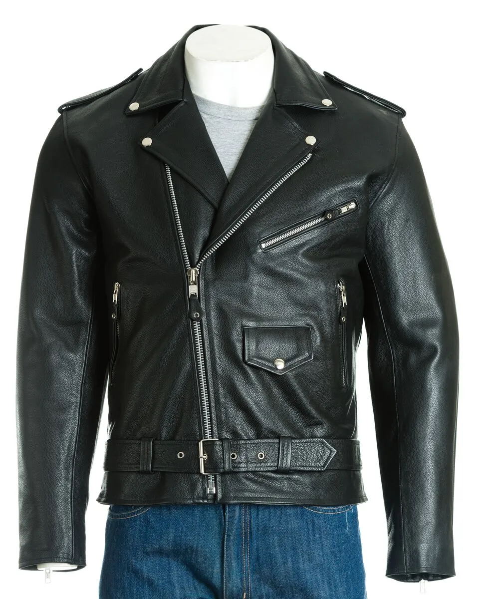 Men's Black Classic Brando Biker Style Cow Hide Leather Jacket: Jose