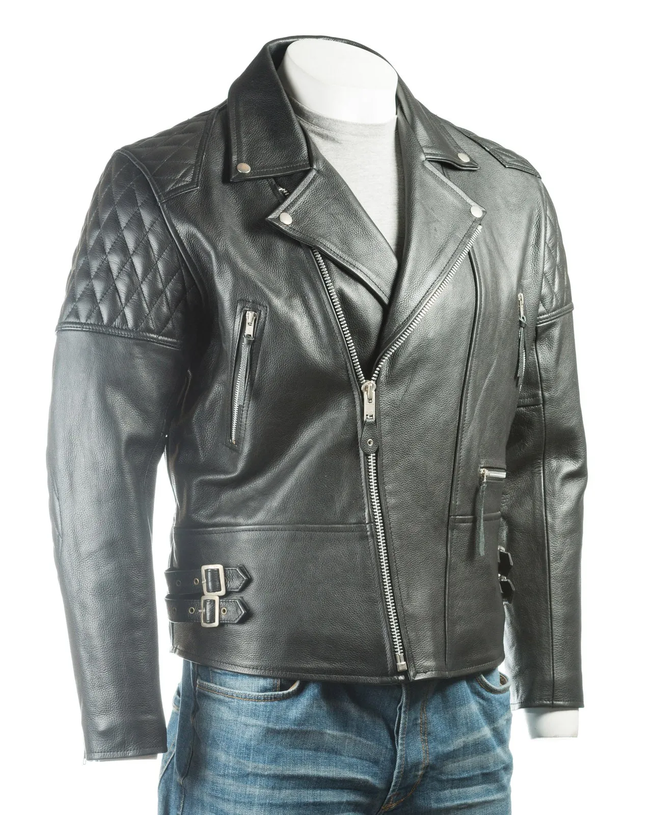 Men's Black Cow Hide Leather Biker Jacket With Diamond Stitch Shoulder Detail: Lorenzo