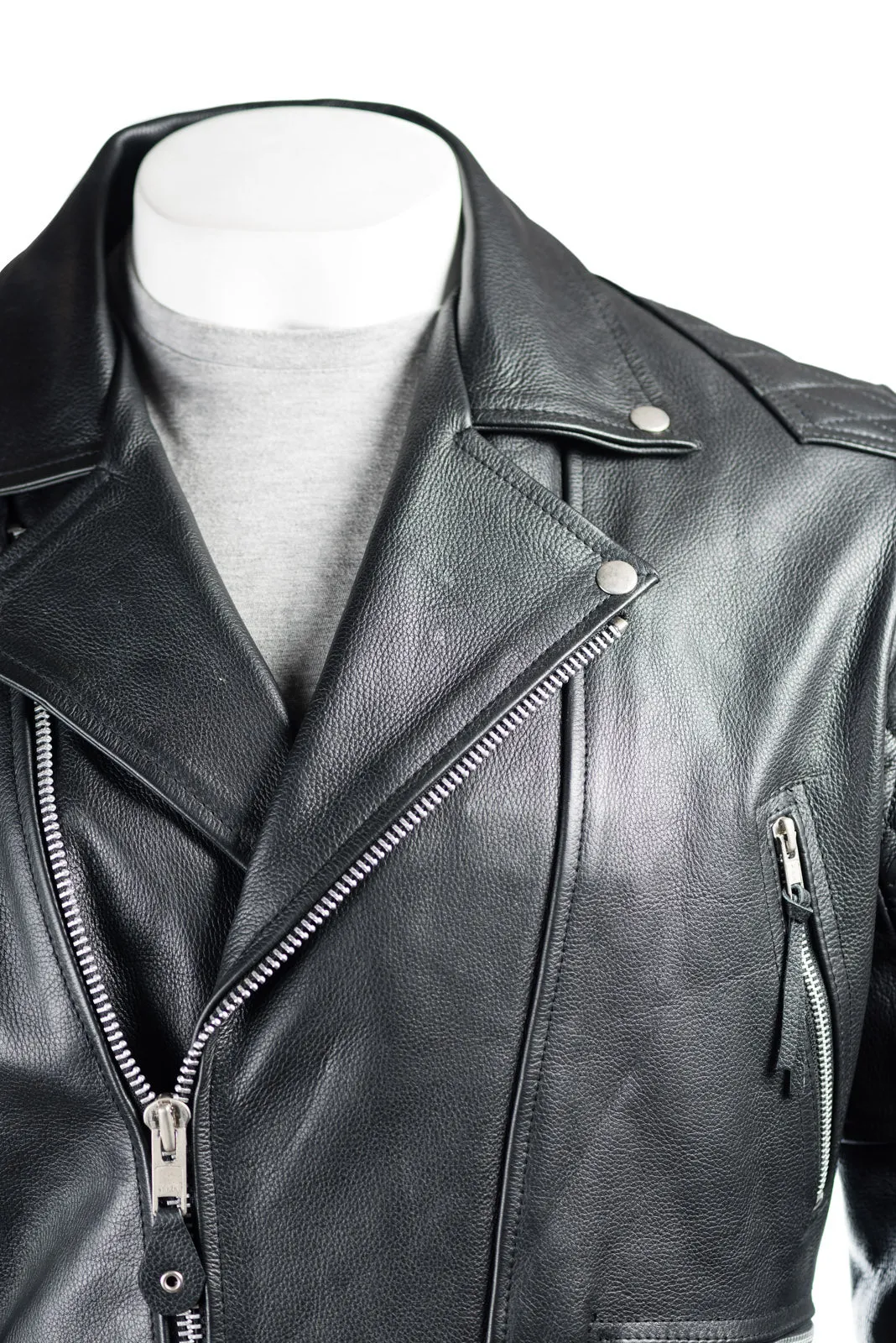 Men's Black Cow Hide Leather Biker Jacket With Diamond Stitch Shoulder Detail: Lorenzo