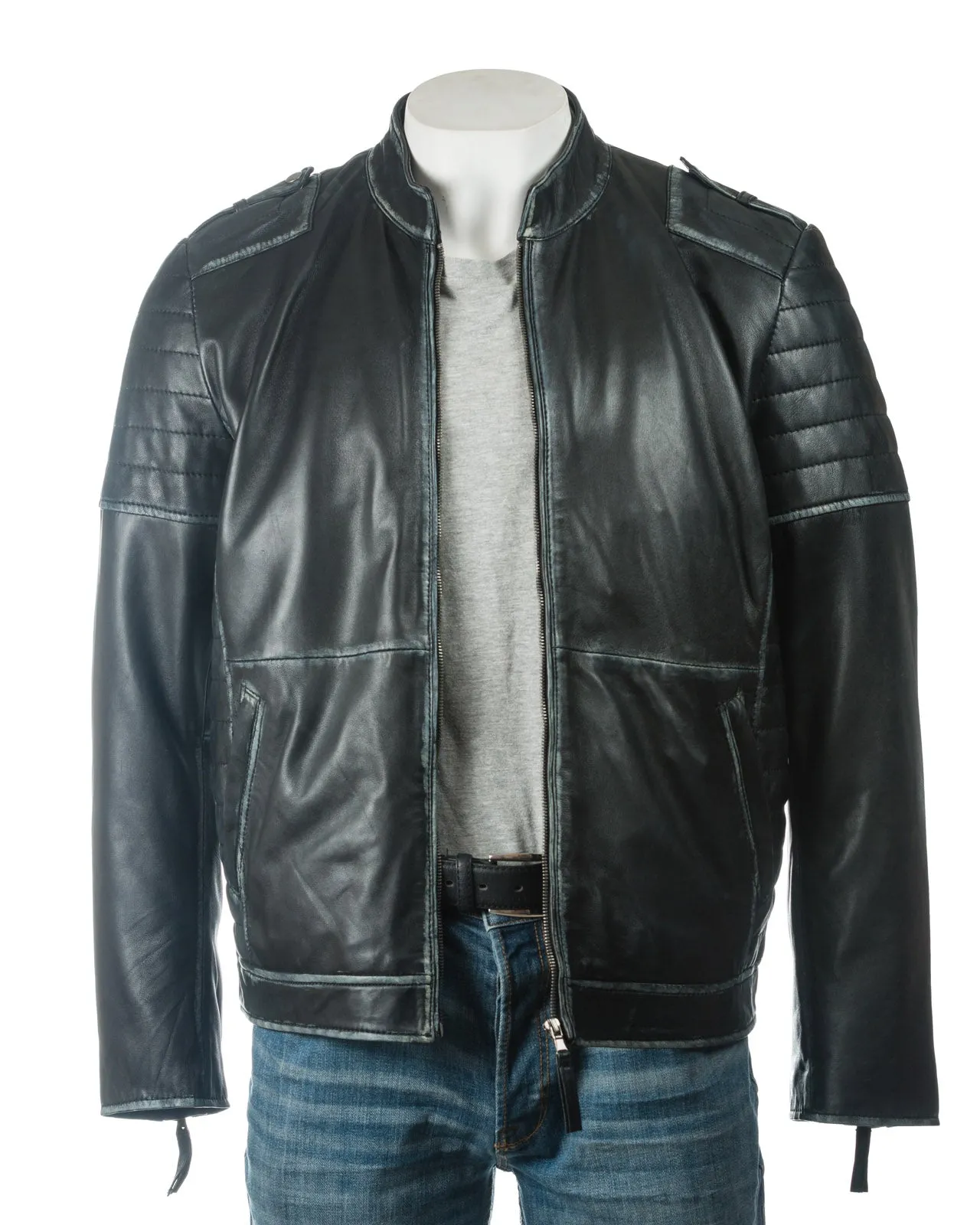 Men's Black Distressed Collarless Biker Style Leather Jacket: Uriel