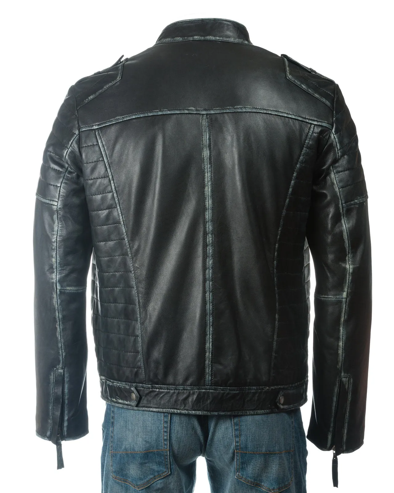 Men's Black Distressed Collarless Biker Style Leather Jacket: Uriel