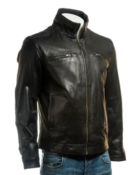 Men's Black Plus Size Funnel Neck Leather Jacket: Luigi