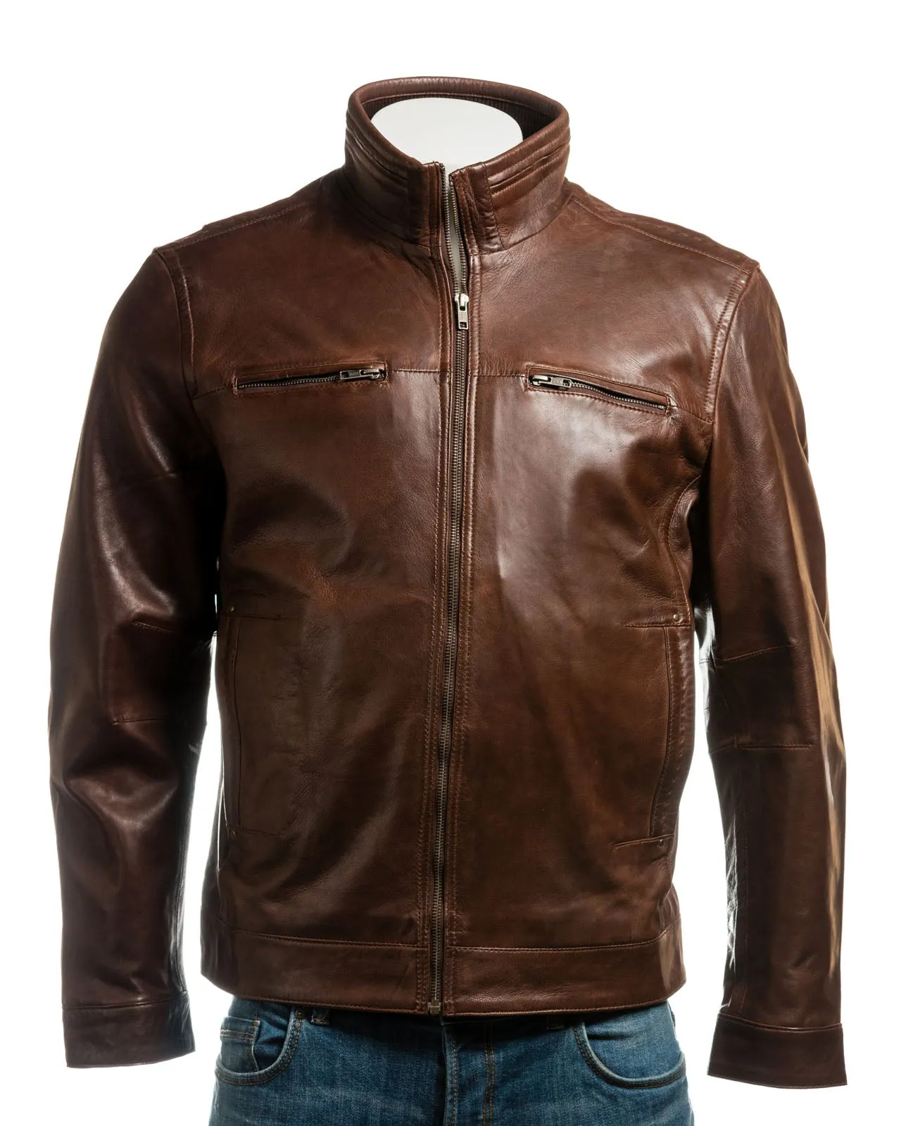 Men's Black Plus Size Funnel Neck Leather Jacket: Luigi