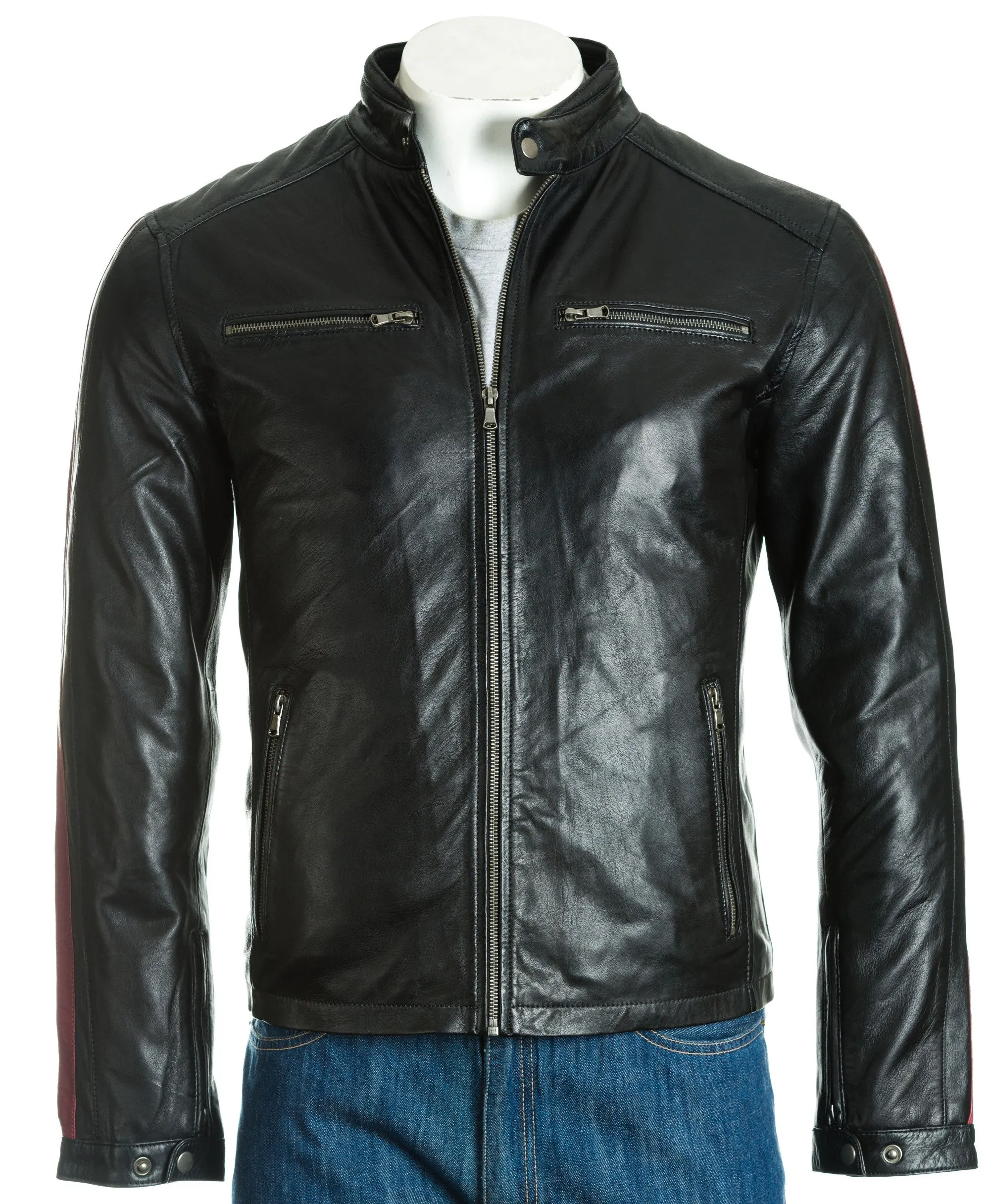 Men's Black Tab Collar Leather Biker Jacket with Contrast Stripe Detail: Gavino