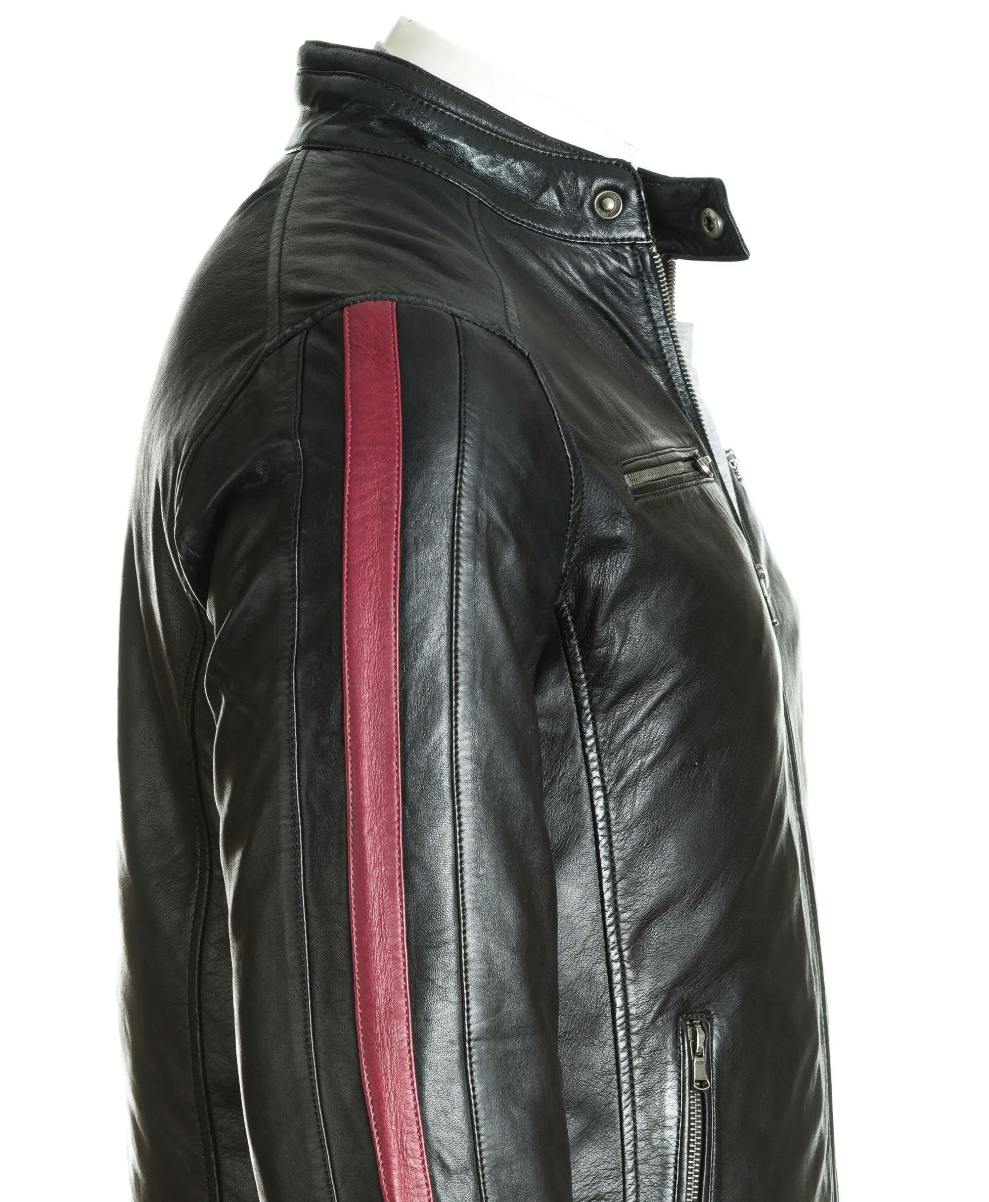 Men's Black Tab Collar Leather Biker Jacket with Contrast Stripe Detail: Gavino