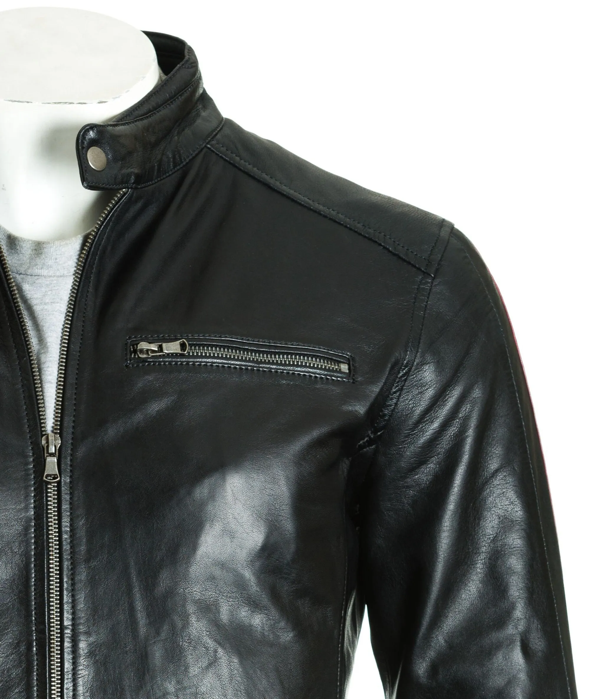 Men's Black Tab Collar Leather Biker Jacket with Contrast Stripe Detail: Gavino