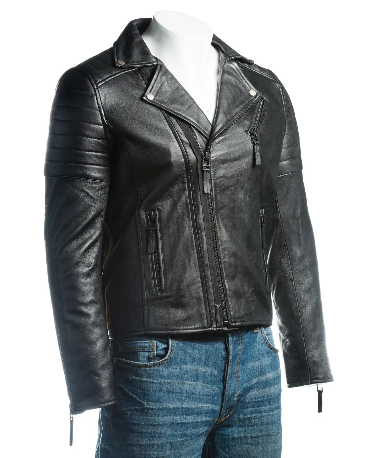 Men's Black Vintage Look Biker Style Leather Jacket: Placido